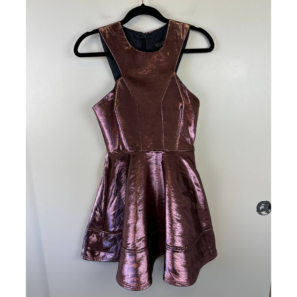 Topshop NWT Mini Dress Bonded Skater Sleeveless Two Tone Metallic Pink Size 6